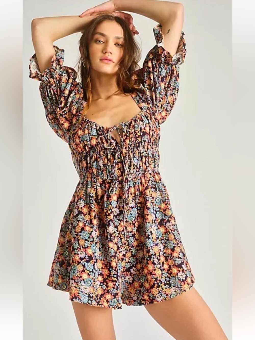 Free People Show Me Love Linen blend floral print romper smocked XS
